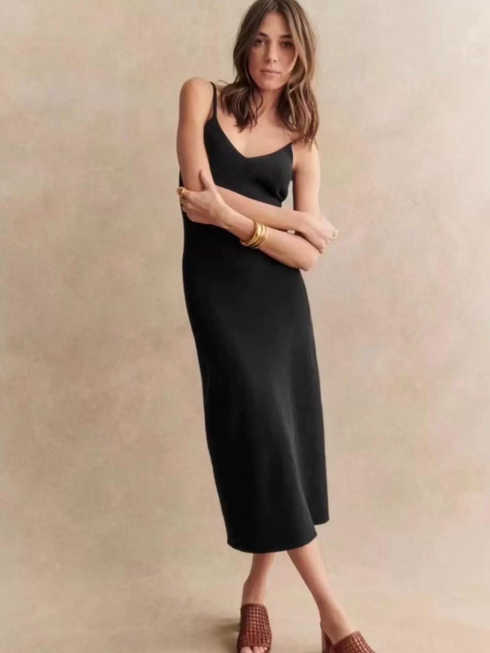 Sezane Black Ribbed Slip Dress